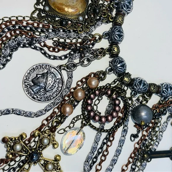 Treska Artisan Necklace Statement NEW Cross Coin Beaded Multicolored Funky Boho - Picture 4 of 14
